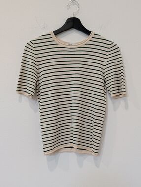Zara Cream and Dark Green Striped Short-Sleeve Crew Tee